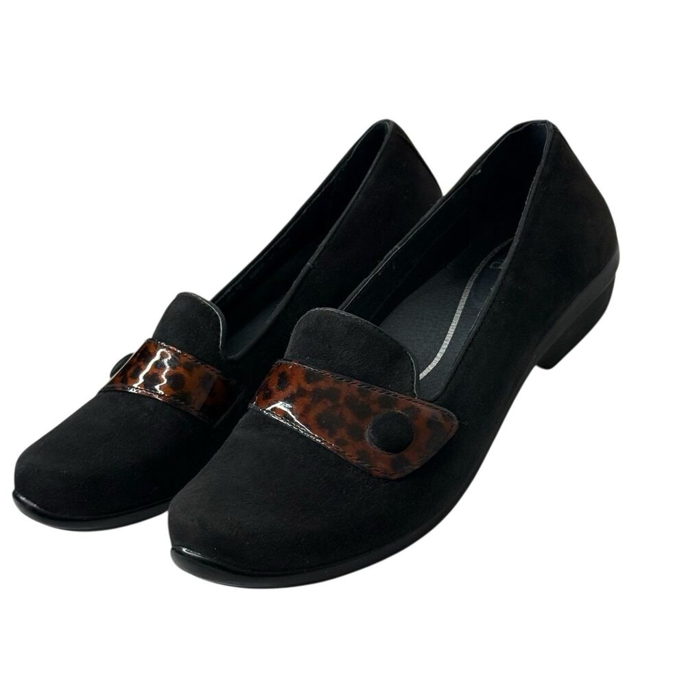 Dansko Womens Olena Flat Sz 38 US 7.5-8 Black Suede Loafer Animal Print Comfort